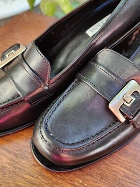 Alfani Black Leather Heeled Loafers Block Heel Silver Buckle 8M